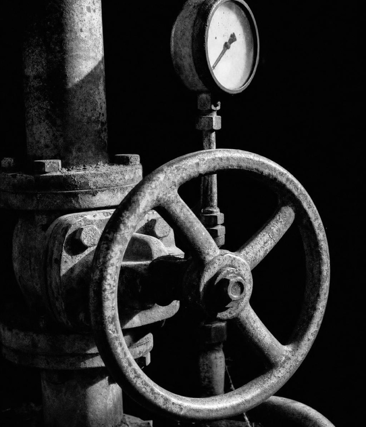 A rusted valve wheel on an industrial pipe