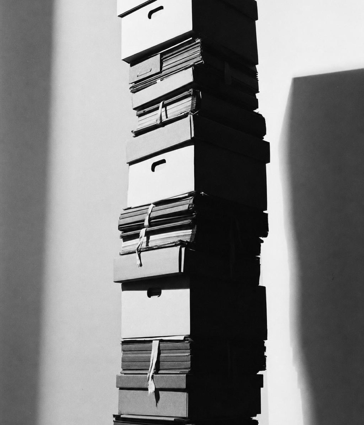 Bound files stacked shoulder high against a wall